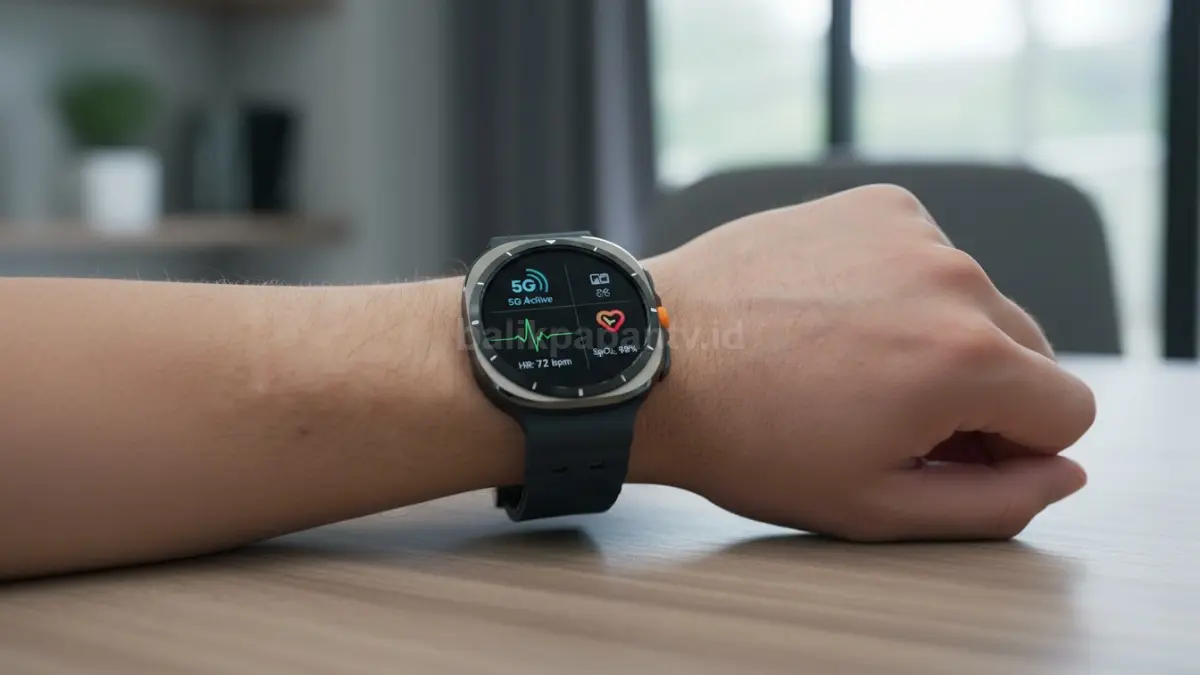 Tampilan fitur 5G dan pemantauan kesehatan pada Galaxy Watch Ultra 2 yang jadi sorotan. (BTV/Ai)