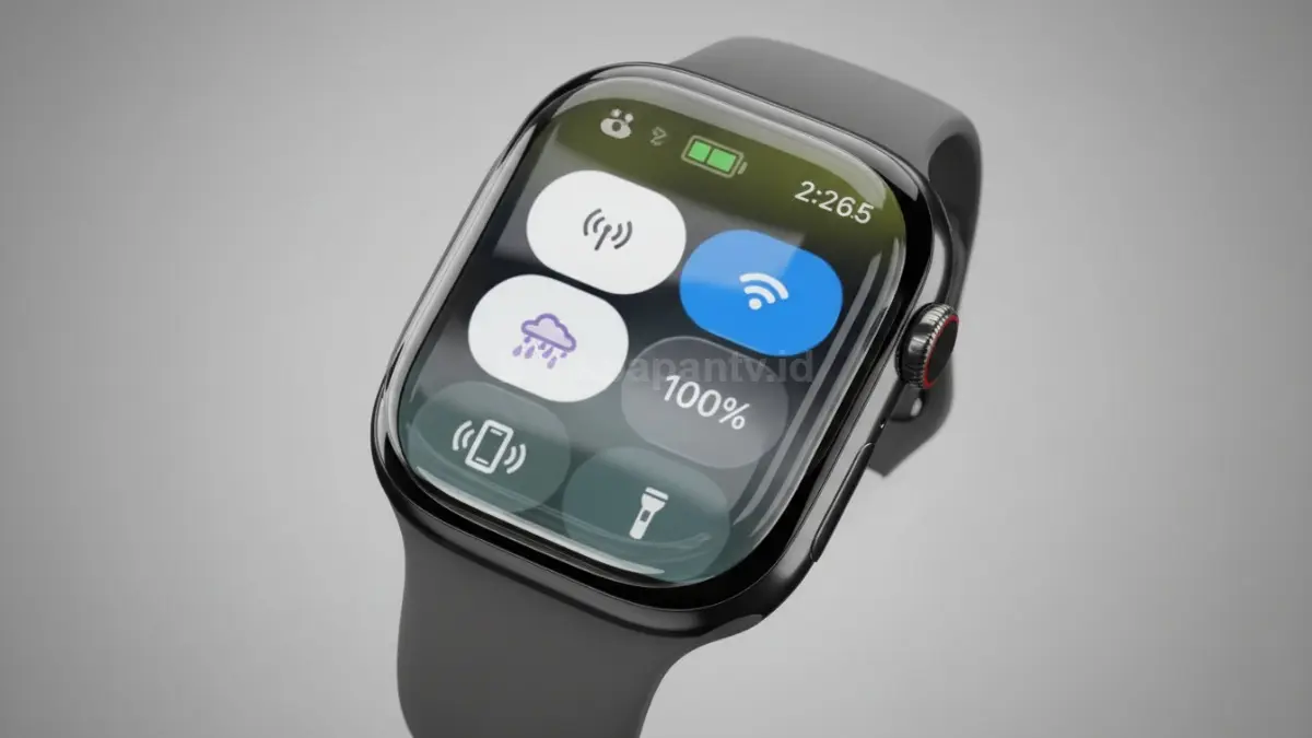 Apple Watch memakai watchOS 26.5 dengan tampilan Pride interaktif dan animasi layar modern. (BTV/Ai)