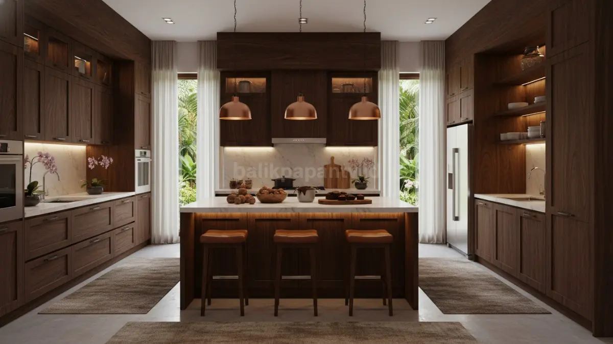 Cokelat walnut gelap membuat dapur terasa elegan, hangat, dan nyaman digunakan untuk aktivitas harian.
