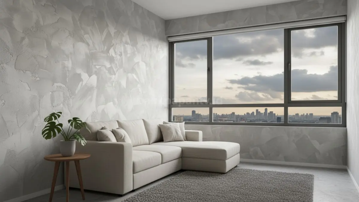 Efek cloudy texture abu muda membuat dinding apartemen kecil terasa lebih artistik dan berdimensi alami.