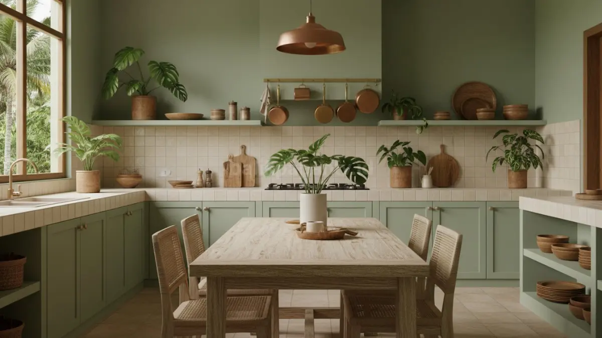 Hijau sage lembut membuat dapur terasa adem, hangat, dan cocok untuk desain rumah modern minimalis.

