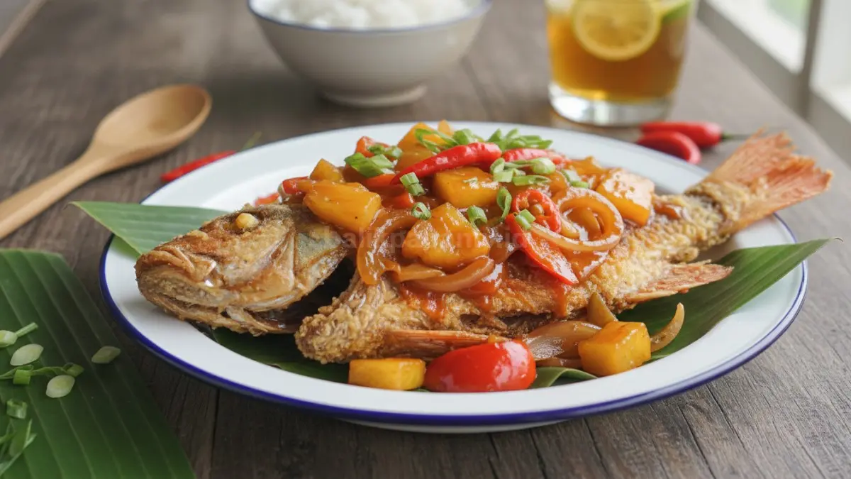 Ikan asam manis rumahan dengan saus segar dan warna menggoda siap jadi menu favorit keluarga. (BTV/AI) 
