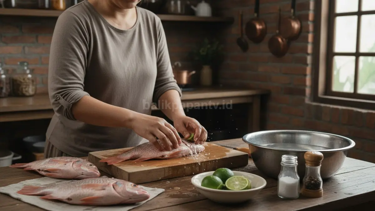 Ikan segar dilumuri jeruk nipis dan bumbu sederhana supaya aroma amis berkurang sebelum dimasak.
