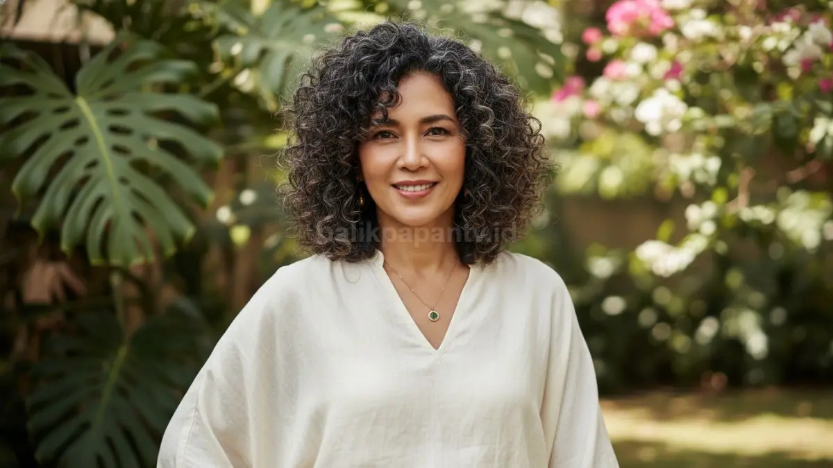 Inspirasi gaya rambut curly usia 50 tahun tampil modern, elegan, natural, dan makin populer di 2026. (BTV/AI)
