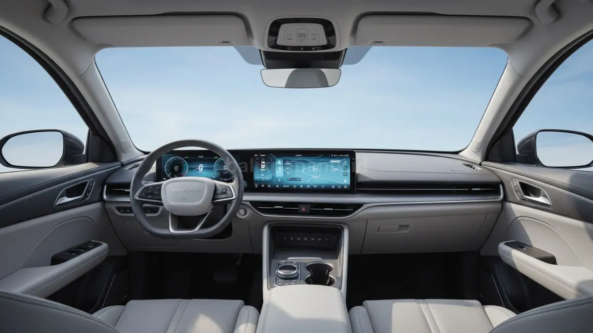 Interior Jaecoo J5 menghadirkan panoramic roof dan layar head unit besar yang terasa futuristik. (BTV/Ai)