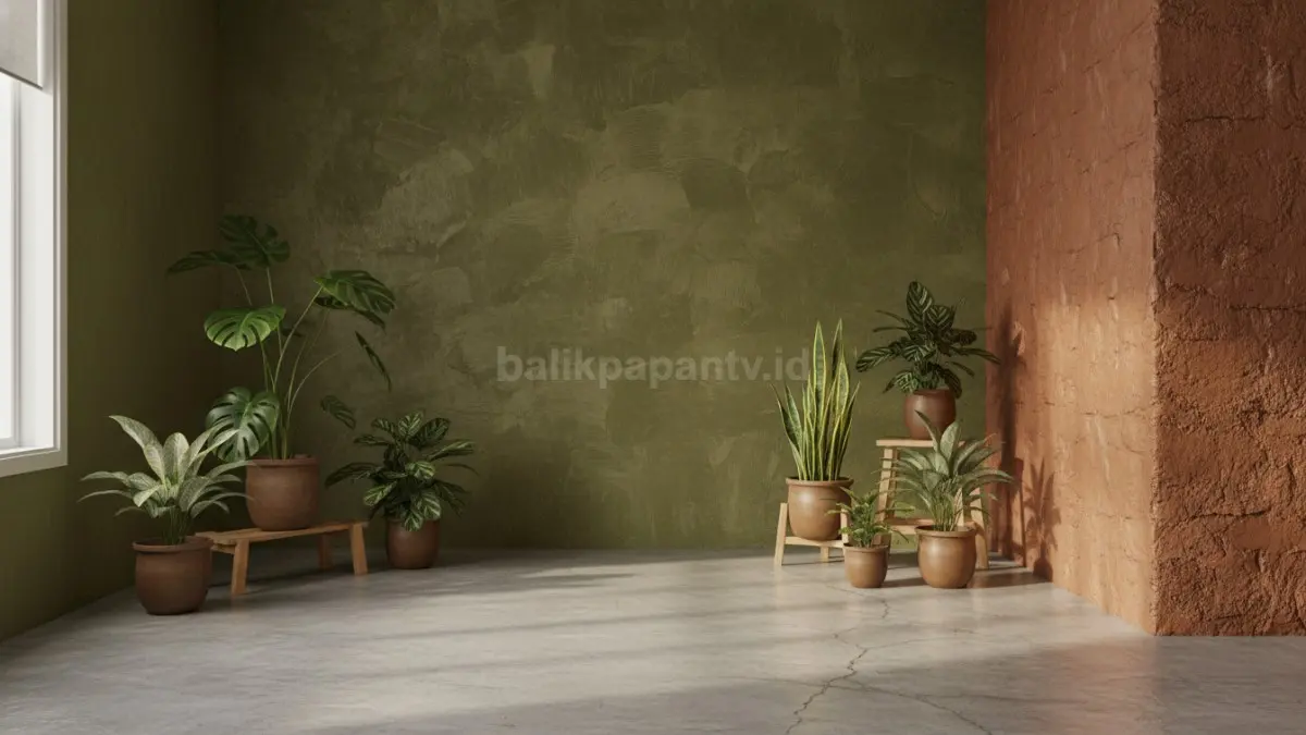 Limewash olive dan tanah liat menghadirkan nuansa rileks alami yang cocok untuk rumah modern tropis.