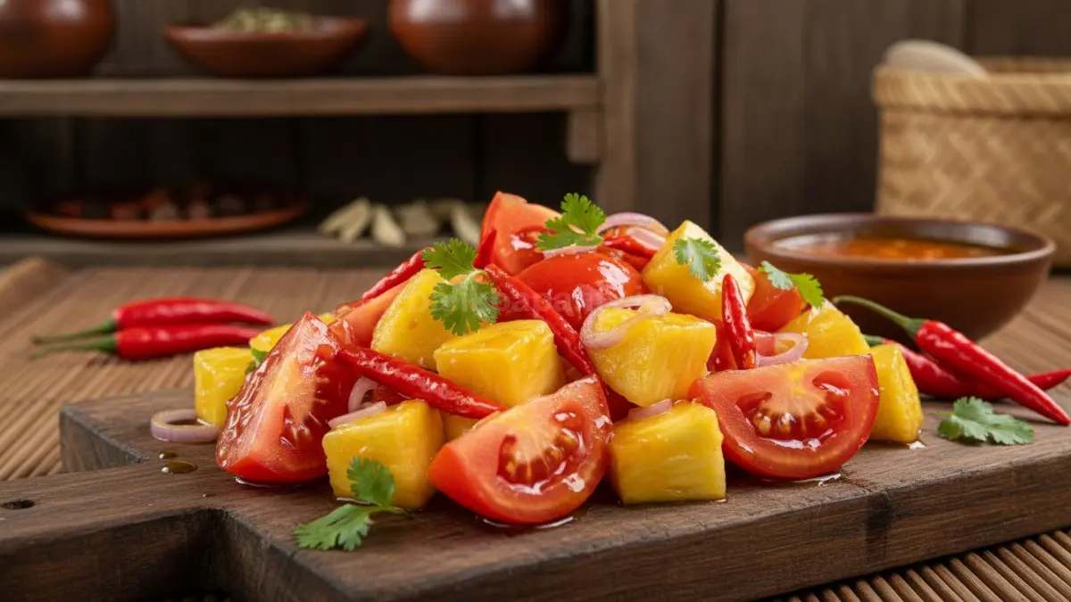 Potongan tomat, nanas, dan cabai merah membuat saus asam manis terasa segar dan menggoda. (BTV/AI) 
