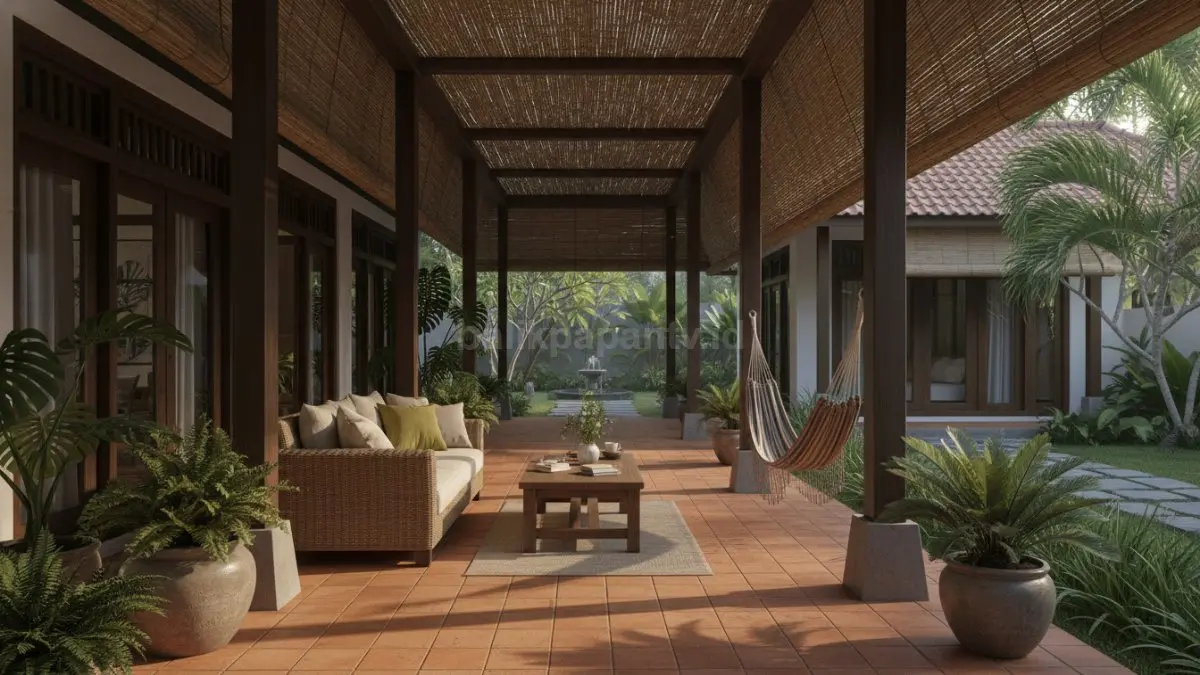 Ruang transisi semi terbuka membuat rumah tropis terasa lebih teduh, nyaman, dan menyatu dengan lingkungan. (BTV/AI)

