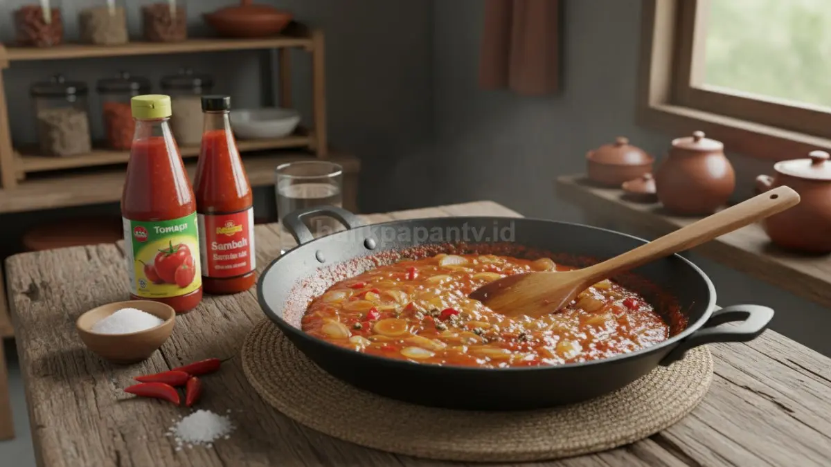 Saus asam manis dimasak dari bawang harum, saus tomat, dan bumbu sederhana menggugah selera. (BTV/AI) 
