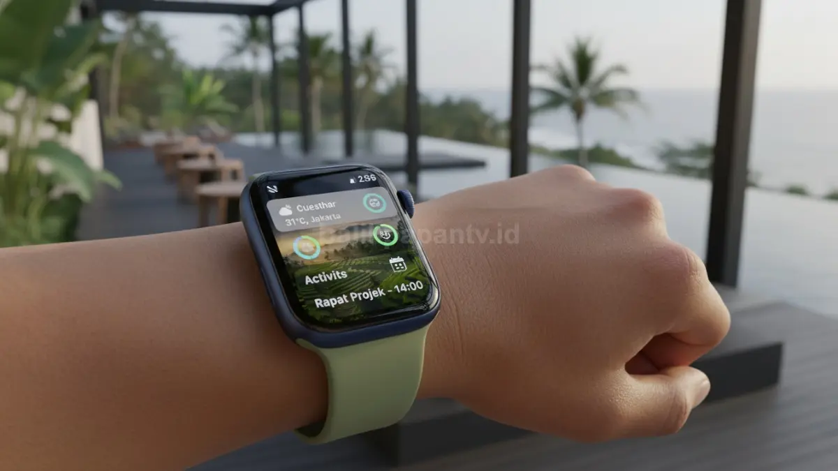 Tampilan Smart Stack watchOS 26.5 dengan efek Liquid Glass saat Digital Crown diputar. (BTV/Ai)