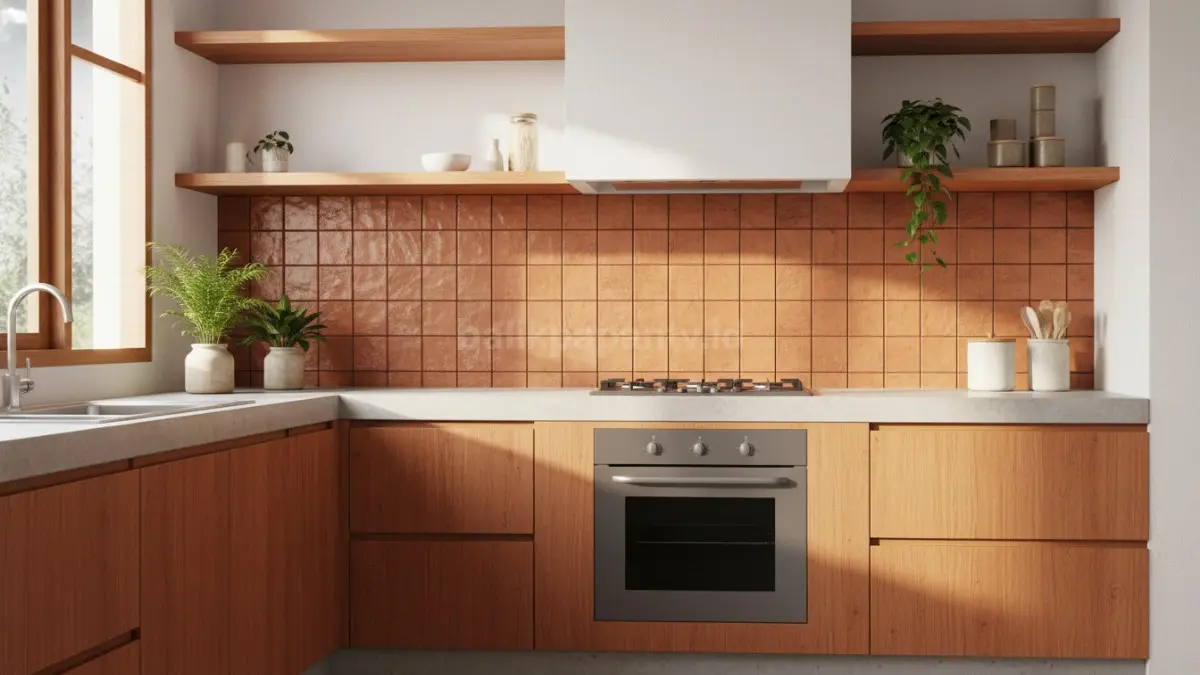 Terracotta modern memberi kesan hangat alami pada dapur dan cocok untuk rumah bercahaya terang.
