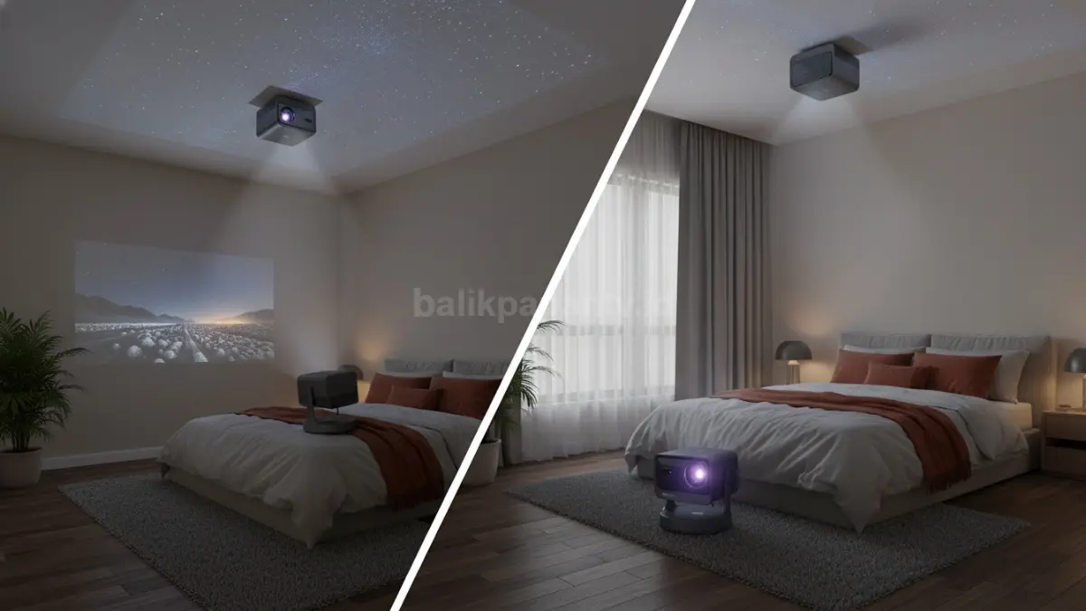 Desain gimbal Hisense C2 Ultra memudahkan proyeksi ke dinding maupun plafon kamar (BTV/Ai)