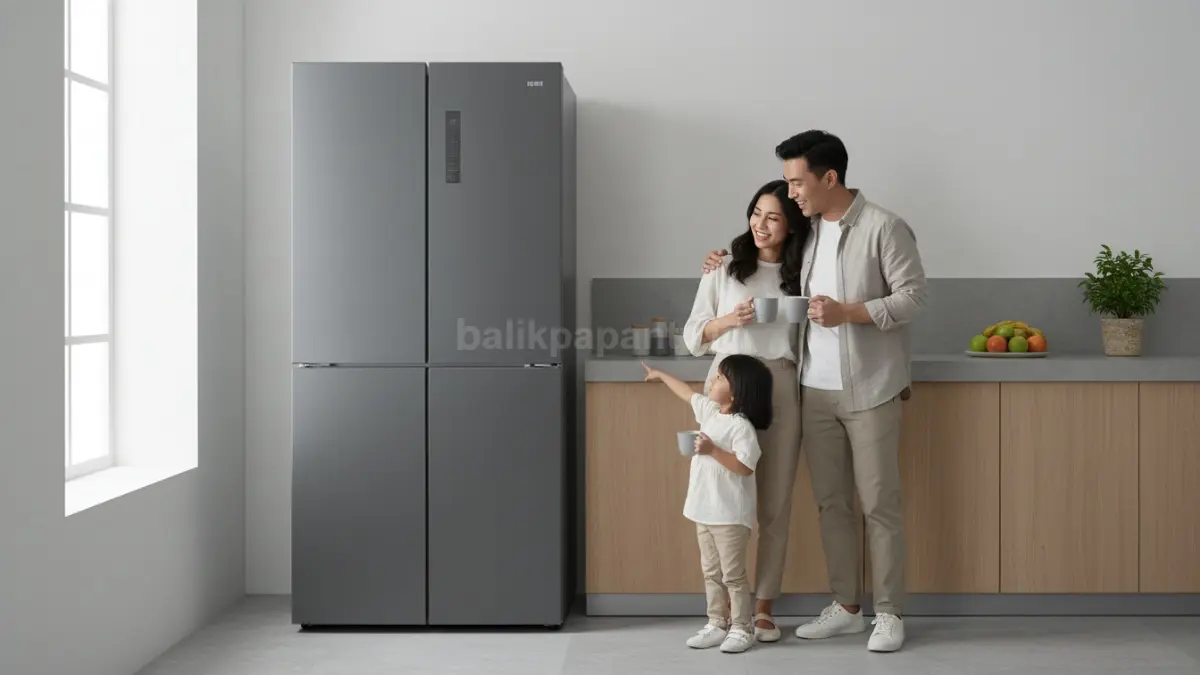 Kulkas 4 pintu Xiaomi warna Slate Grey tampil modern di dapur minimalis, langsung jadi perhatian keluarga muda (BTV/Ai)