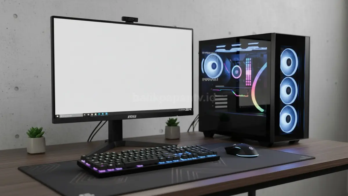 Tampilan casing RGB dan monitor MSI MP2412 pada setup meja gaming minimalis. (BTV/Ai)
