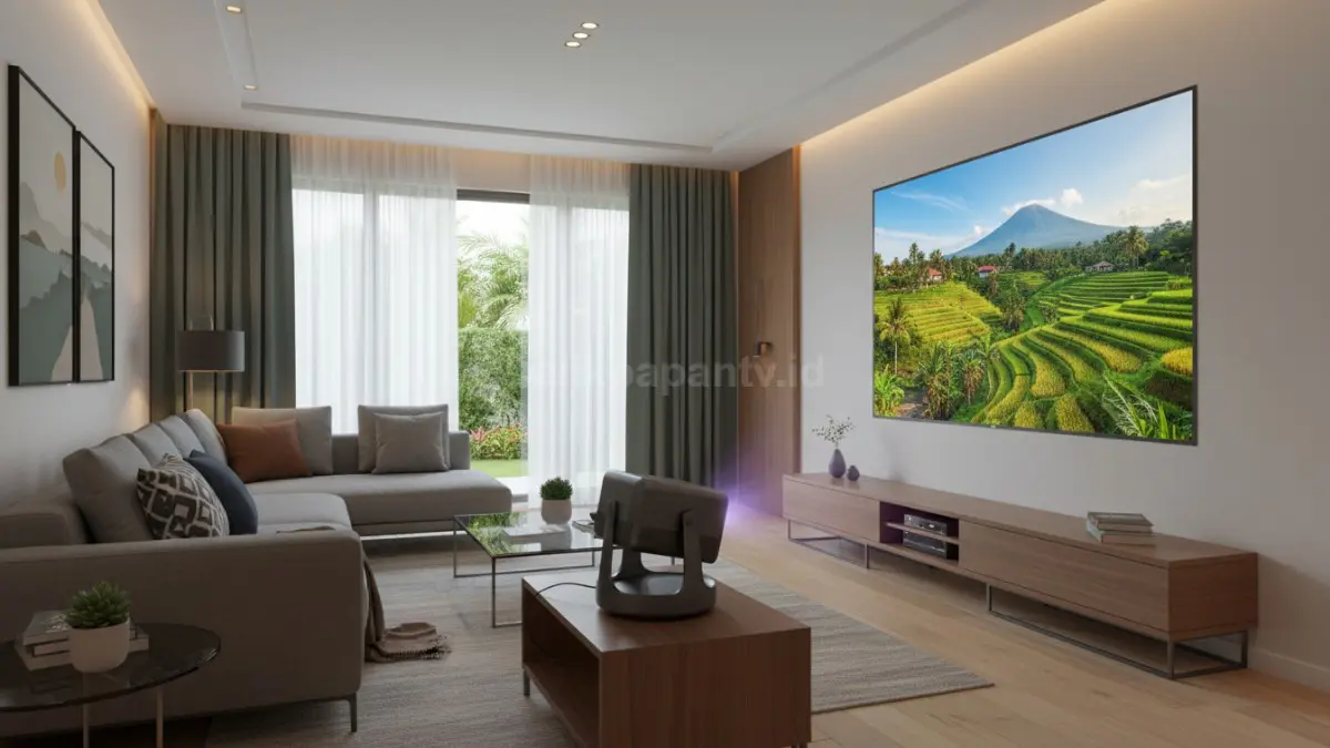 Tampilan proyektor Hisense C2 Ultra saat memproyeksikan visual 4K UHD di ruang keluarga modern (BTV/Ai)
