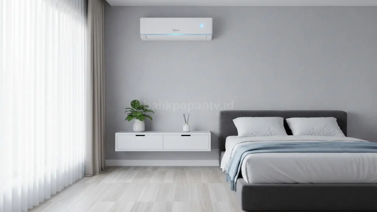 AC Midea Celest Inverter 1 PK terpasang di kamar modern dengan tampilan minimalis dan fitur hemat listrik. (BTV/Ai)