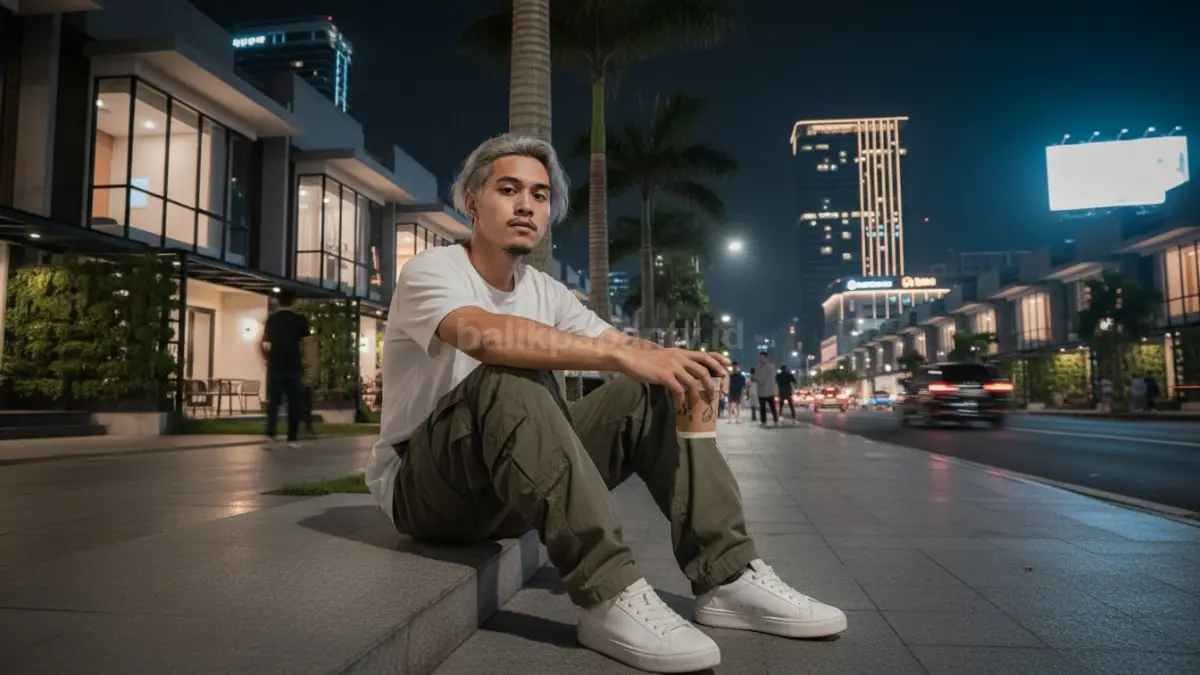 Anak muda memakai celana skena dipadu sneakers putih saat nongkrong malam di kawasan urban Balikpapan
