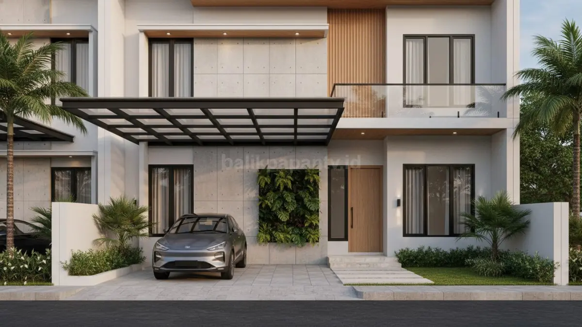 Carport modern minimalis menyatu dengan fasad rumah tropis warna netral yang estetik dipandang sore hari (BTV/Ai)