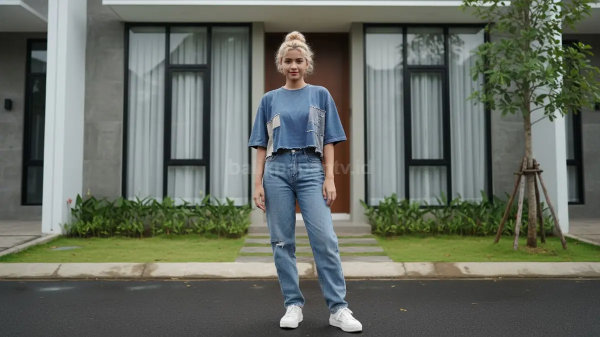 Crop tee oversized hasil daur ulang dipadukan dengan jeans santai buat gaya harian anak muda Balikpapan
