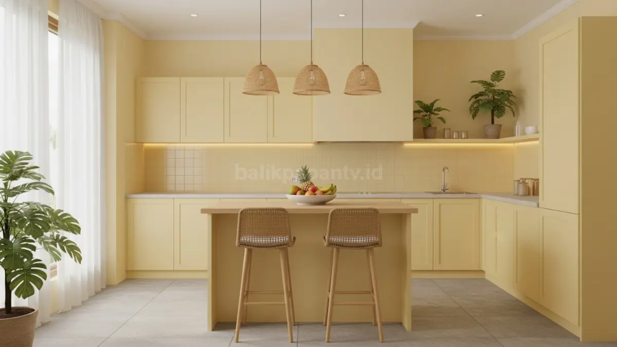 Dapur butter yellow modern dengan kabinet matte dan pencahayaan hangat untuk rumah tropis masa kini (BTV/Ai)