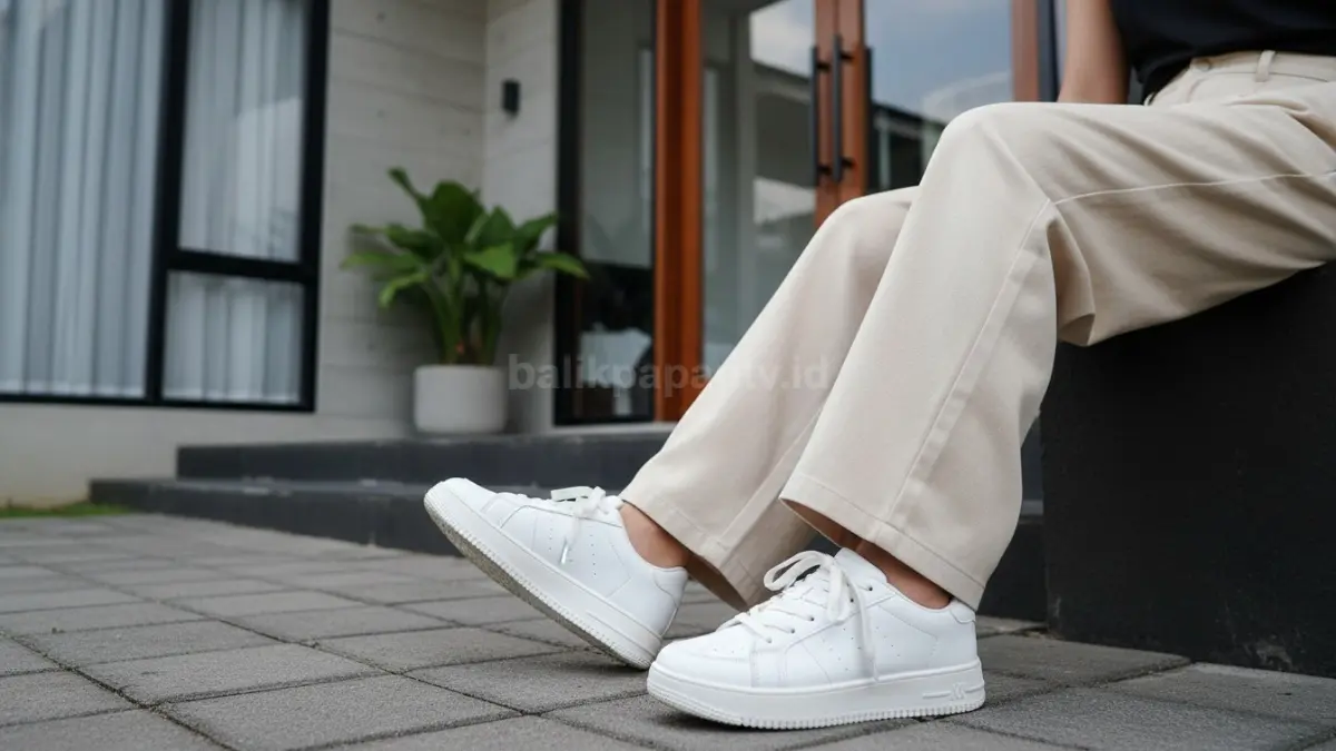 Detail sneakers putih dipadukan celana wide leg skena dengan gaya santai modern anak muda
