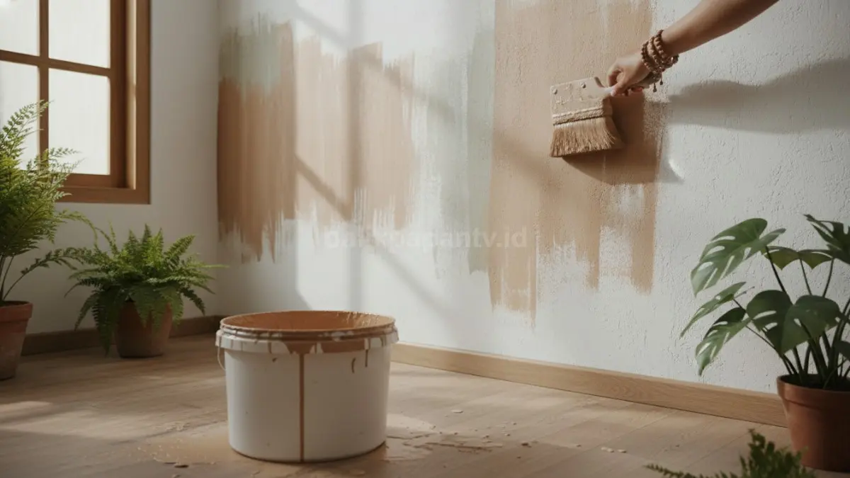 DIY limewash paint viral 2026, menghadirkan tekstur natural earth tone untuk rumah modern terasa hangat dan adem.

