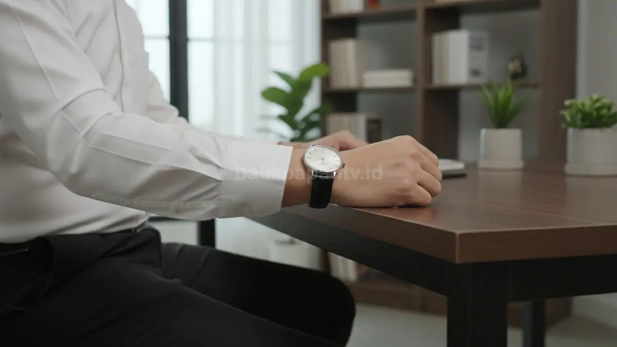 Dress watch strap kulit hitam melengkapi outfit kemeja formal terlihat rapi dan profesional
