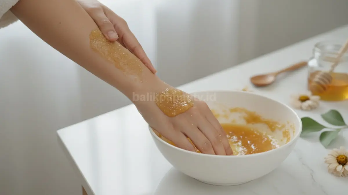 Eksfoliasi siku dengan campuran gula dan madu untuk membantu angkat sel kulit mati
