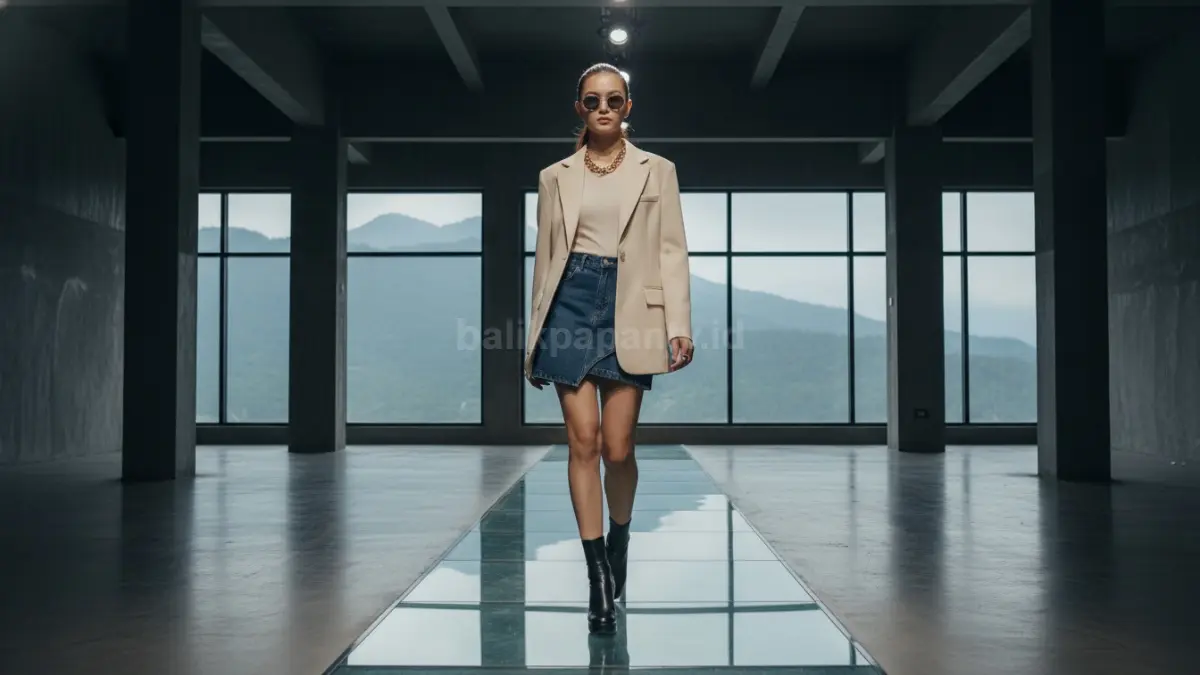 Gaya rok mini dipadukan oversized blazer dan ankle boots bikin tampilan modern makin menarik perhatian.