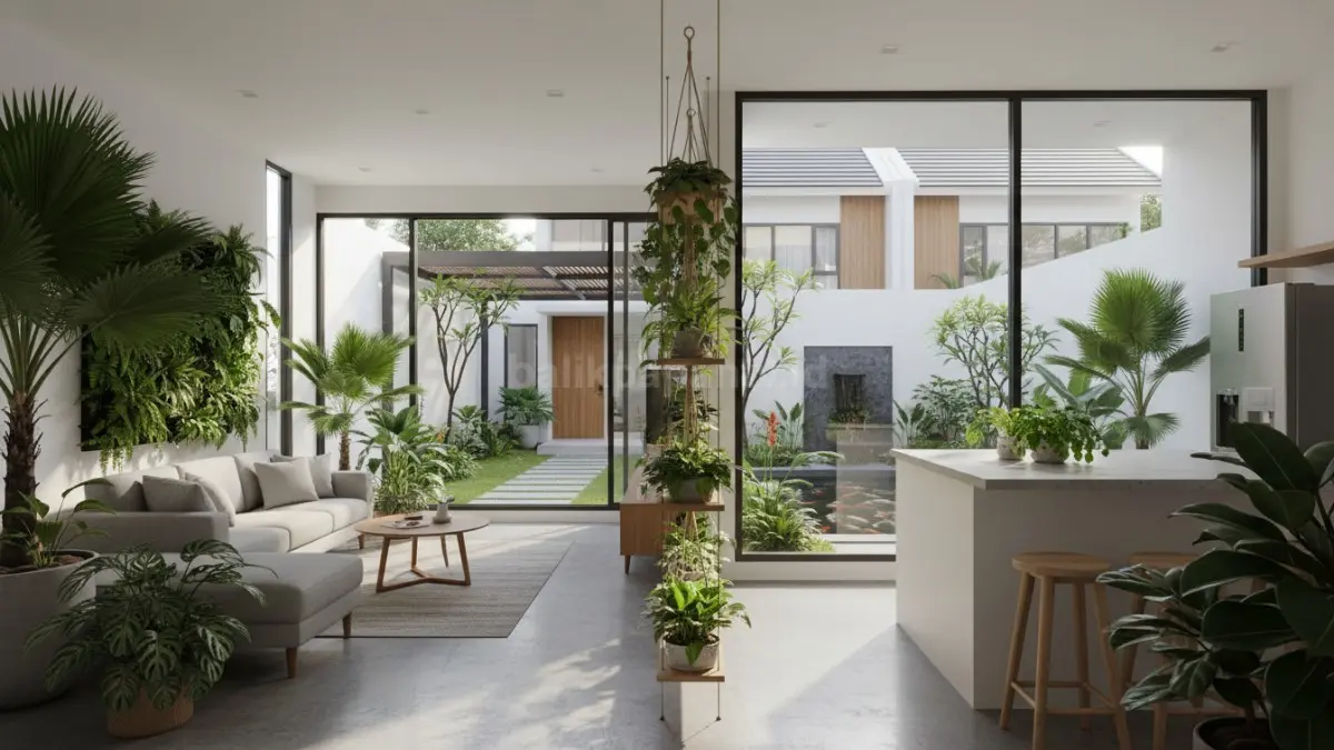 Inner garden rumah modern tropis 2026 dengan tanaman hijau dan cahaya alami bikin rumah terasa adem. (BTV/Ai)