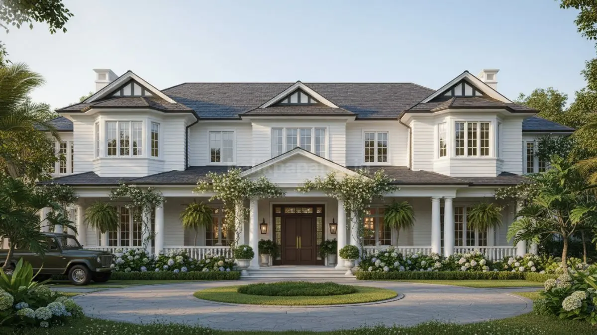 Inspirasi rumah Hamptons 2026 memadukan arsitektur Inggris klasik dengan nuansa modern hangat dan elegan. (BTV/AI)
