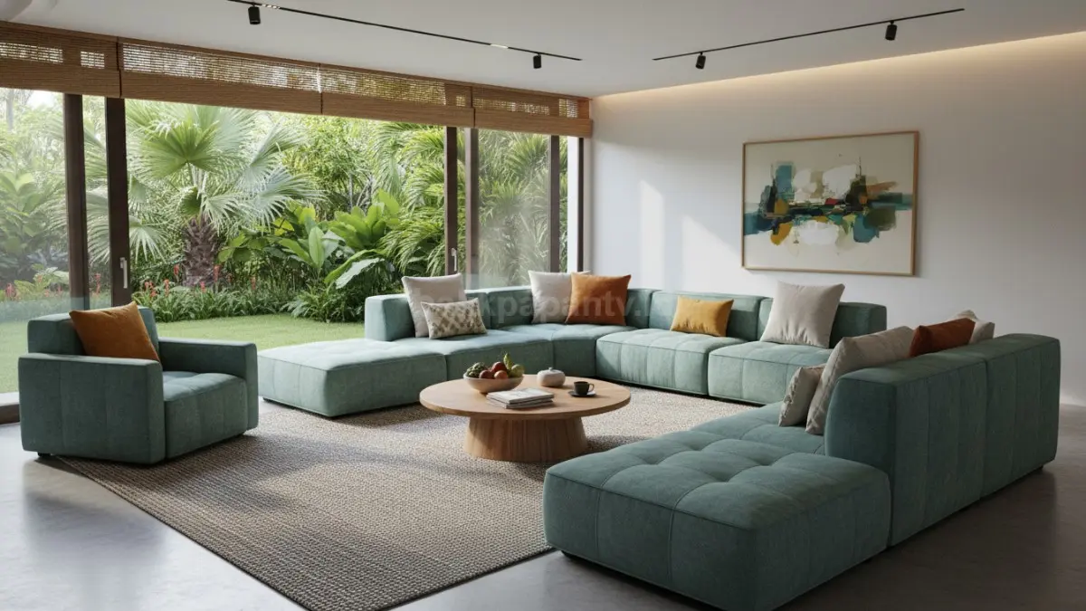 Inspirasi sofa modular modern 2026 untuk ruang keluarga fleksibel, nyaman, rapi, dan mudah disesuaikan kebutuhan. (BTV/AI)