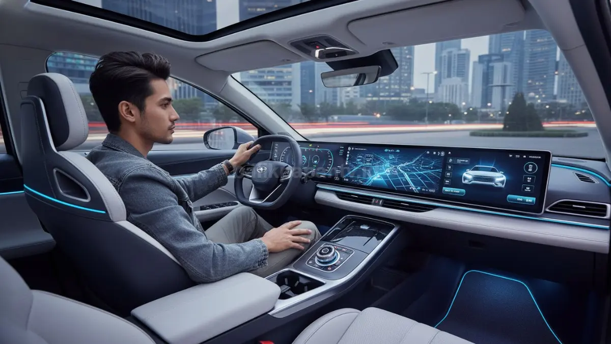 Interior Geely EX2 Max dengan layar besar dan fitur modern yang jadi sorotan pengemudi muda.(BTV/Ai)