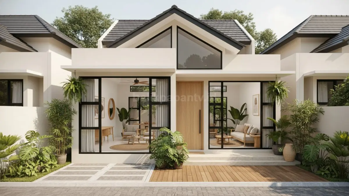 Interior Japandi tropis dengan cahaya alami masuk maksimal di ruang keluarga modern. (BTV/Ai)
