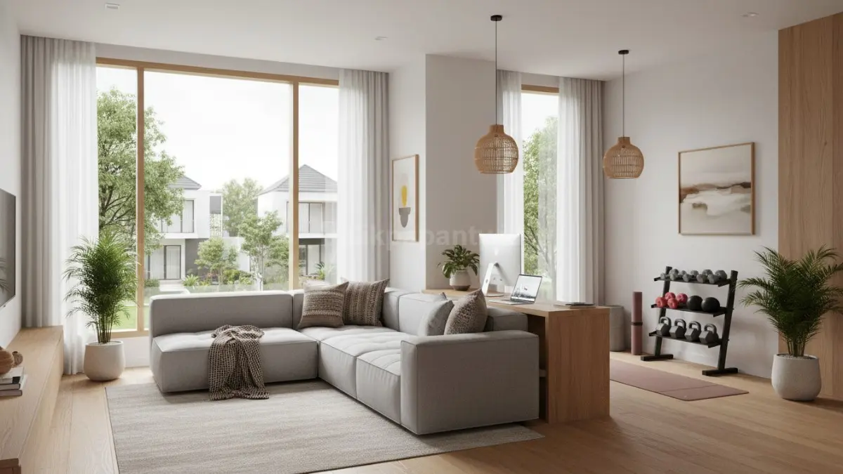 Interior rumah hybrid modern 2026 dengan ruang kerja multifungsi dan pencahayaan alami yang nyaman. (BTV/Ai)