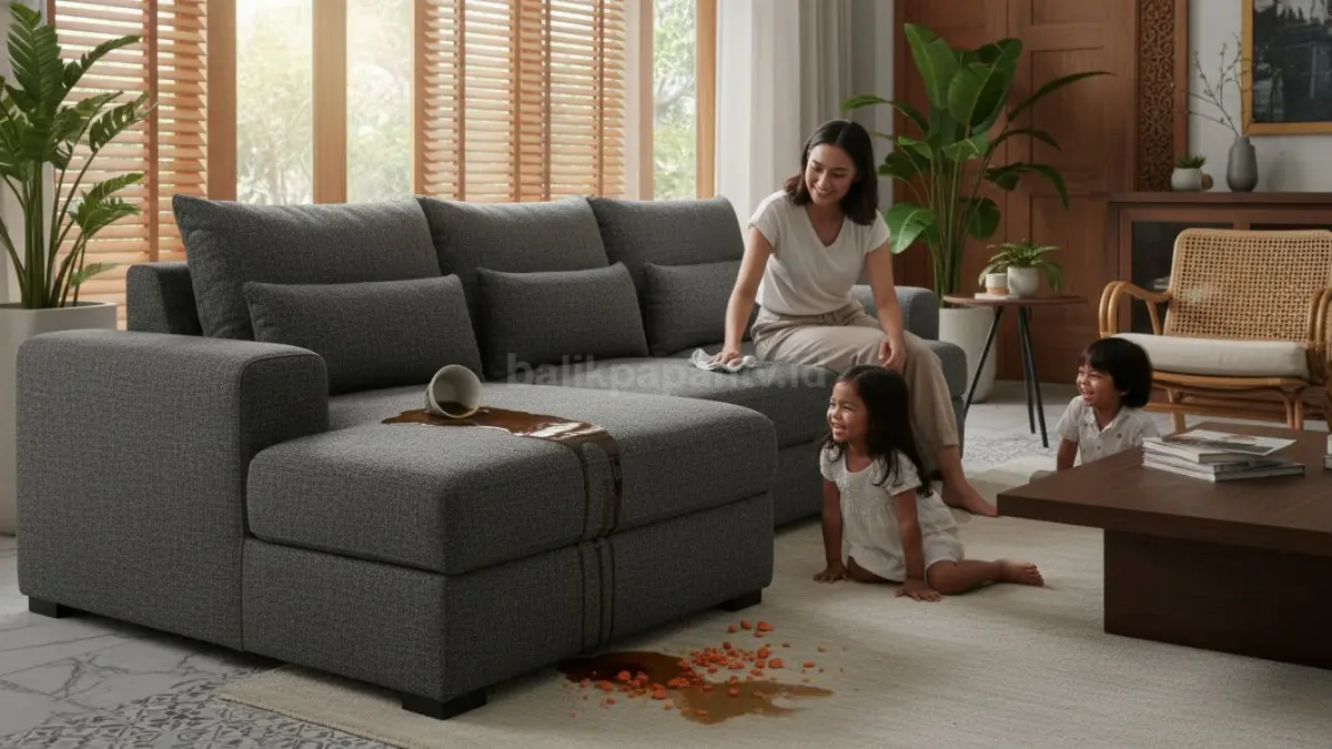 Material tahan noda dan cairan membuat sofa modern lebih awet, praktis, dan nyaman untuk aktivitas harian. (BTV/AI)