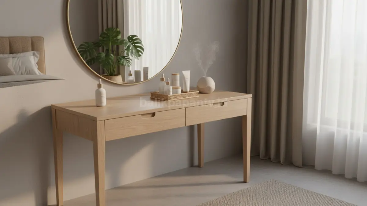 Meja skincare minimalis warna netral dengan tray kecil dan pencahayaan hangat di kamar modern
