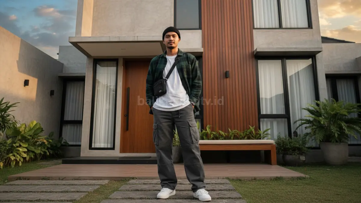 Outfit celana skena oversized dan sneakers putih untuk gaya nongkrong sederhana tapi menarik
