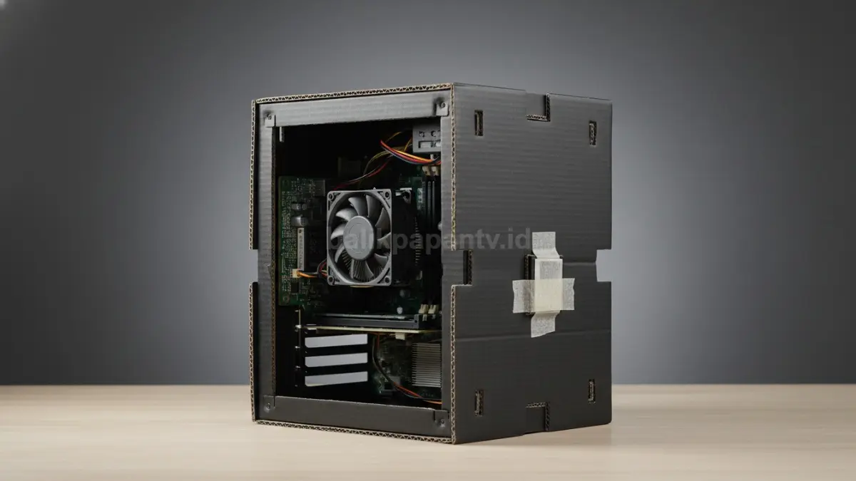 PC Kere Hore 500 ribuan dengan desain open-case berbahan karton board hitam tampil ringkas di meja kerja. (BTV/Ai)