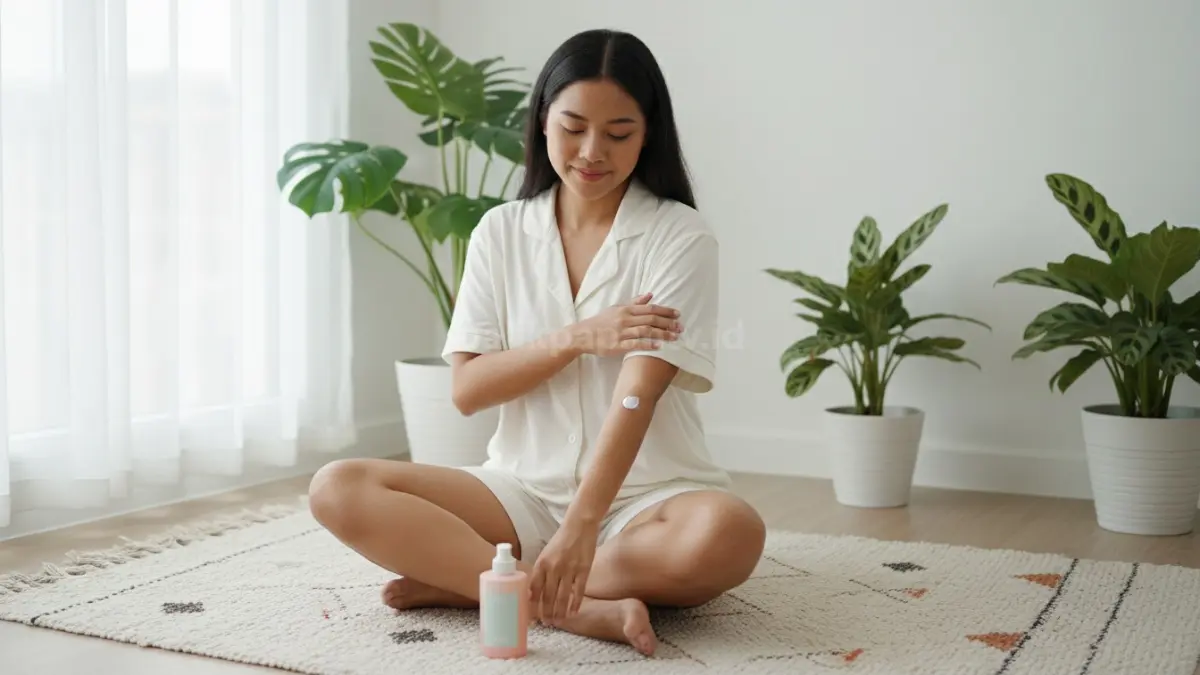 Perawatan area lipatan tubuh dengan pakaian katun dan skincare lembut untuk menjaga kulit tetap nyaman
