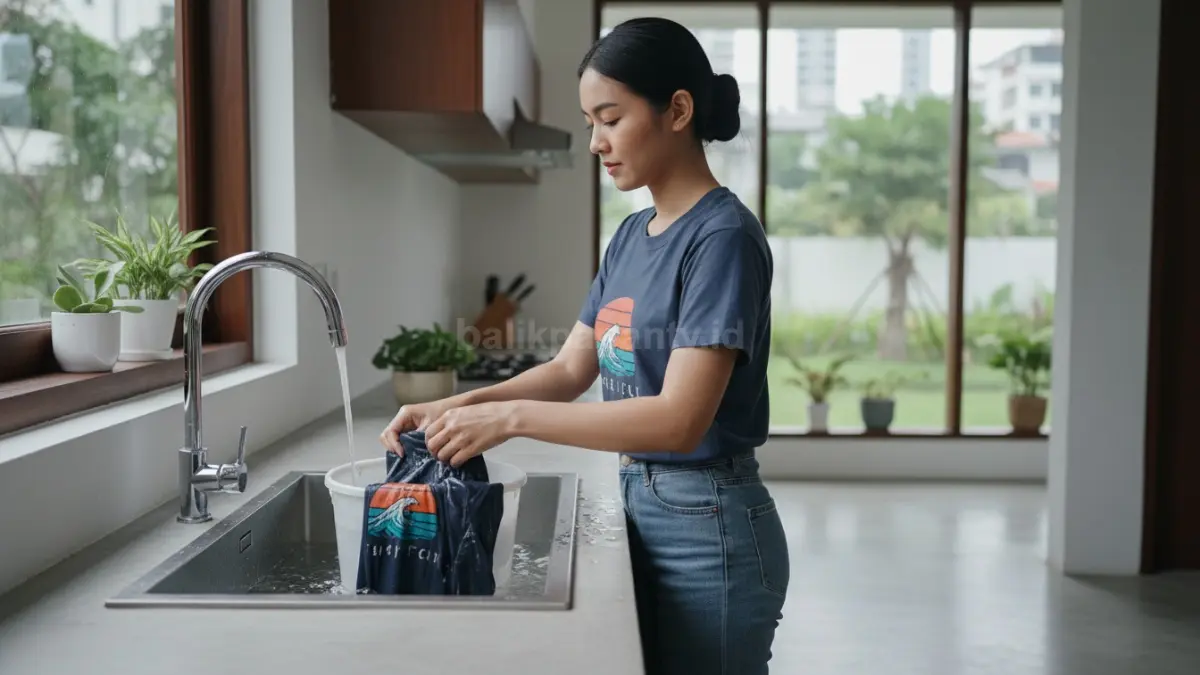 Proses mencuci kaos sablon memakai air dingin supaya gambar tetap rapi dan tahan lama
