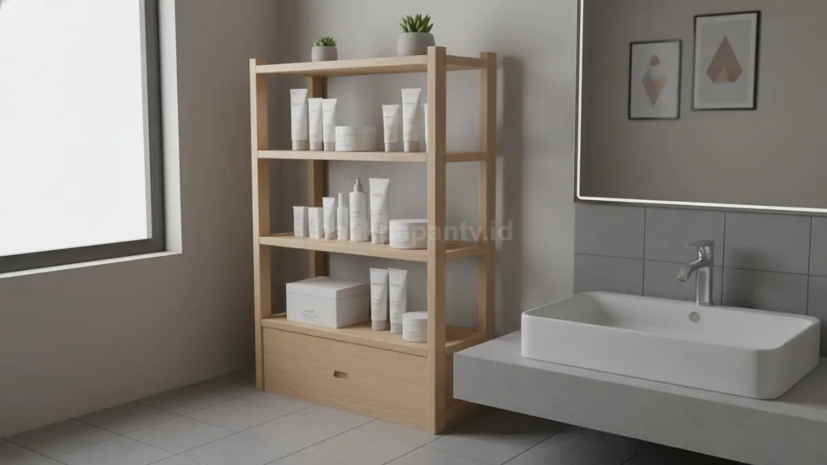 Rak skincare bertingkat warna kayu natural untuk kamar kecil modern tahun 2026