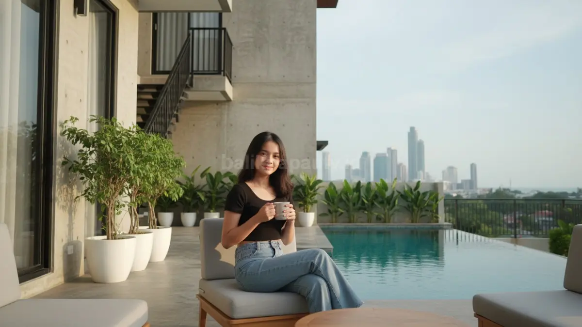 Remaja mengenakan crop top hitam dan celana cutbray denim saat nongkrong sore di area kekinian Balikpapan
