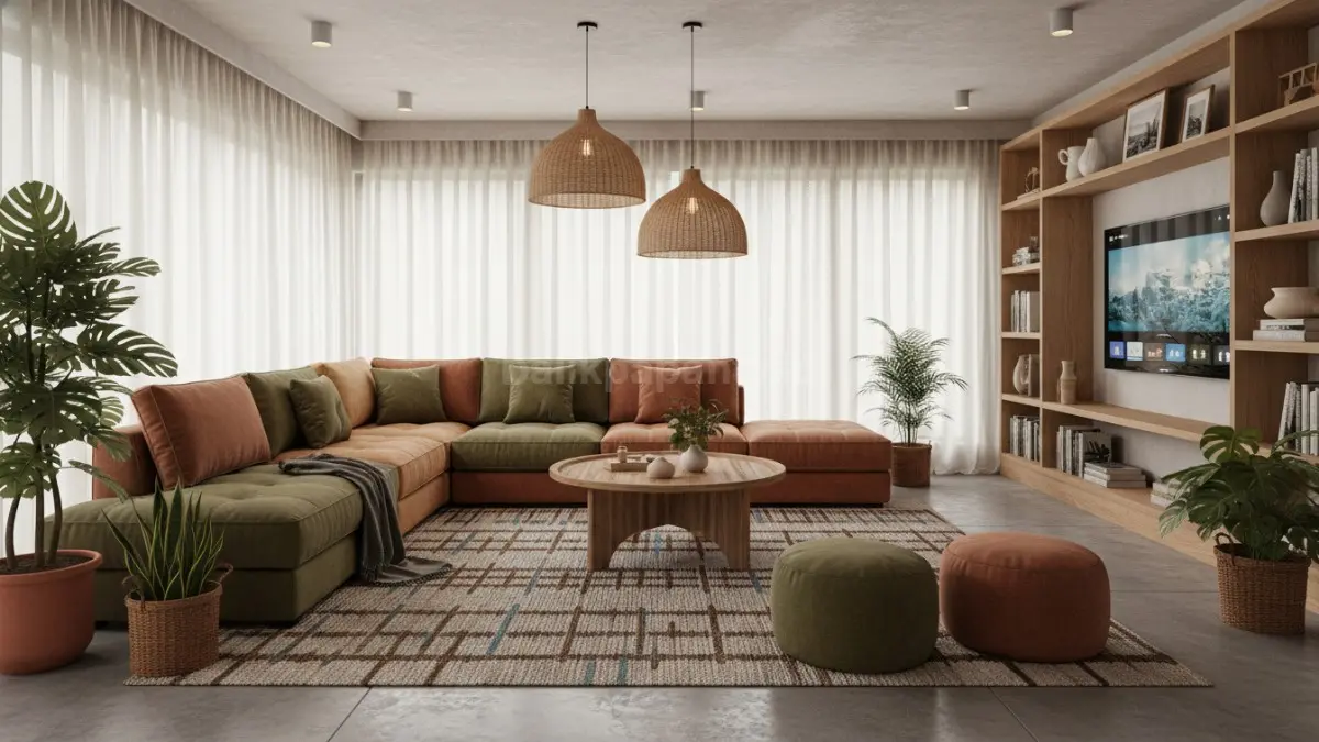 Ruang tamu modern 2026 bernuansa earthy dengan sofa modular dan pencahayaan hangat yang nyaman dipakai harian
