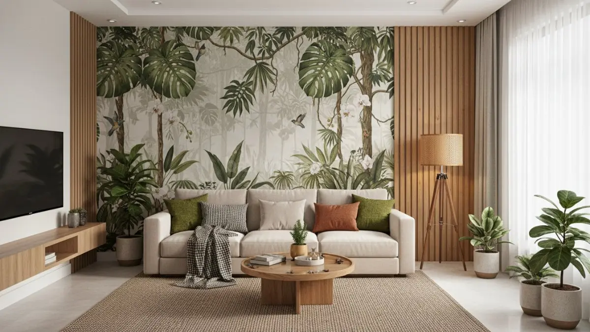 Ruang tamu modern dengan wallpaper mural natural dan wall panel kayu hangat khas tren rumah 2026 (BTV/Ai)
