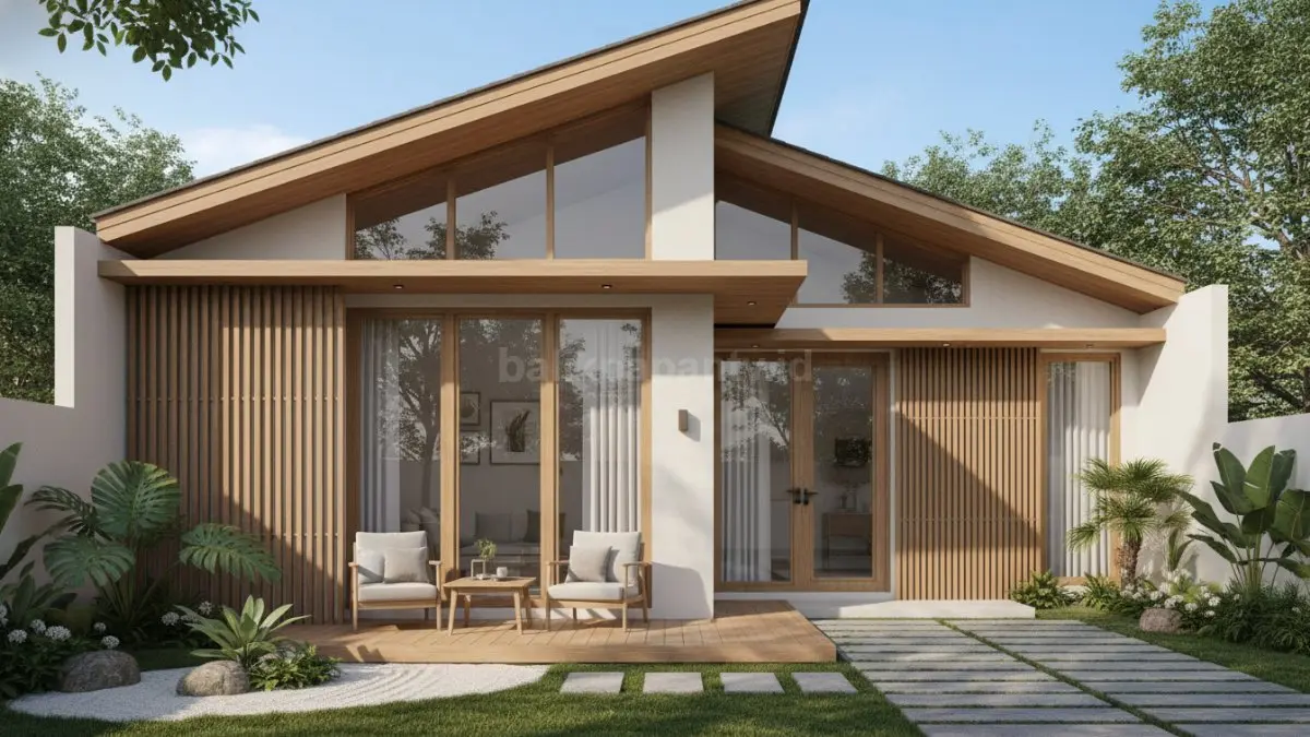 Rumah Japandi tropis modern dengan kayu natural dan ventilasi besar, desain adem favorit 2026. (BTV/Ai)