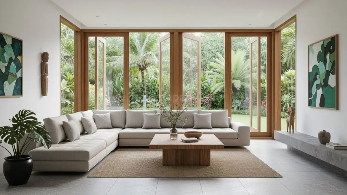 Sofa modular low profile membuat ruang keluarga terasa lebih lapang, modern, dan nyaman untuk aktivitas harian. (BTV/AI)