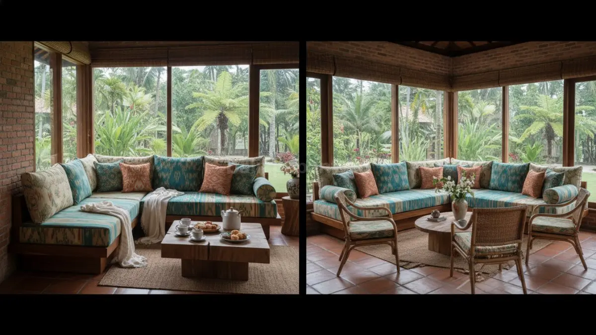 Sofa modular sudut fleksibel mudah diatur ulang untuk kebutuhan santai keluarga maupun menerima tamu formal. (BTV/AI)