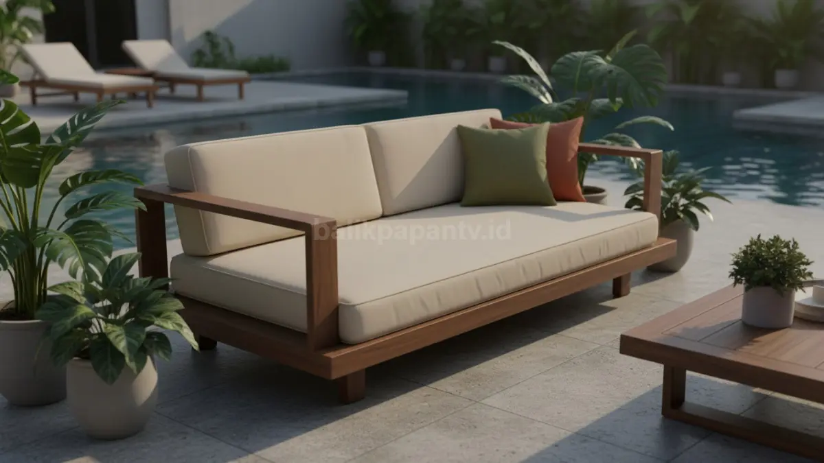 Sofa outdoor rendah: low profile, luas, nyaman, santai, ideal untuk duduk lama di teras modern.