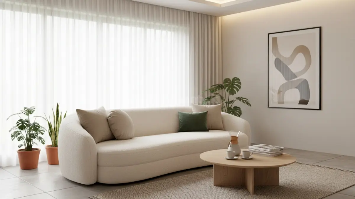 Sofa rounded warna krem dengan tekstur bouclé lembut di ruang tamu minimalis modern 2026 (BTV/Ai)
